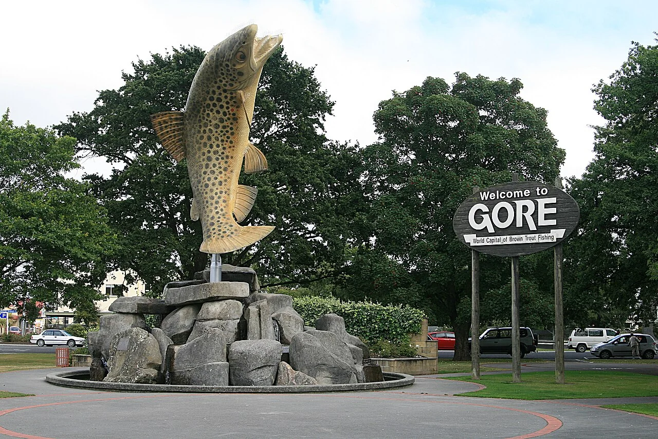 Gore's giant brown trout statue